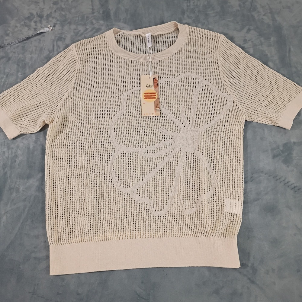 Dokotoo Womens Floral Open Knit Short Sleeve Sweater Beige Cream Crew Neck Large